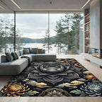 Black Lotus Phoenix Chinoiserie Floral Medallion Rug