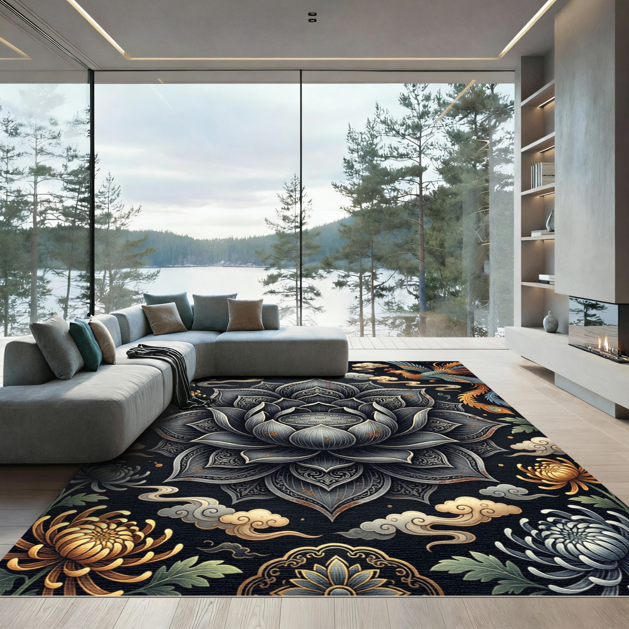 Black Lotus Phoenix Chinoiserie Floral Medallion Rug
