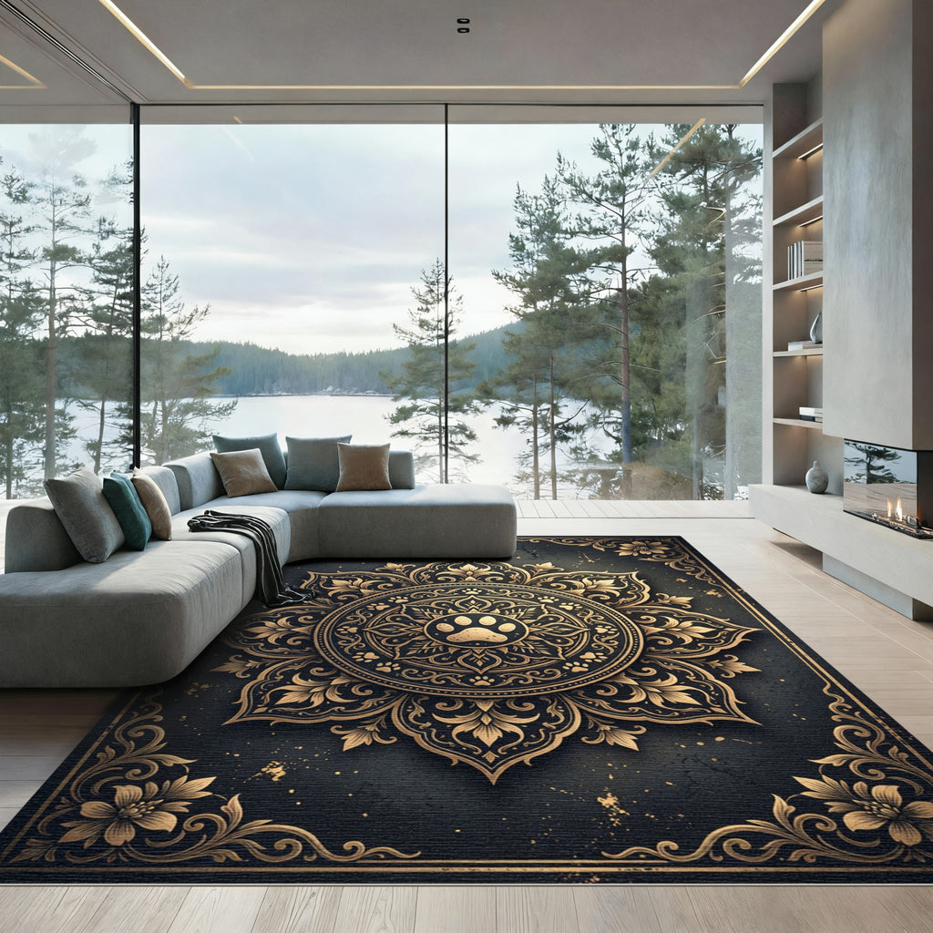 Ornate Gold Paw Mandala Frame Rug