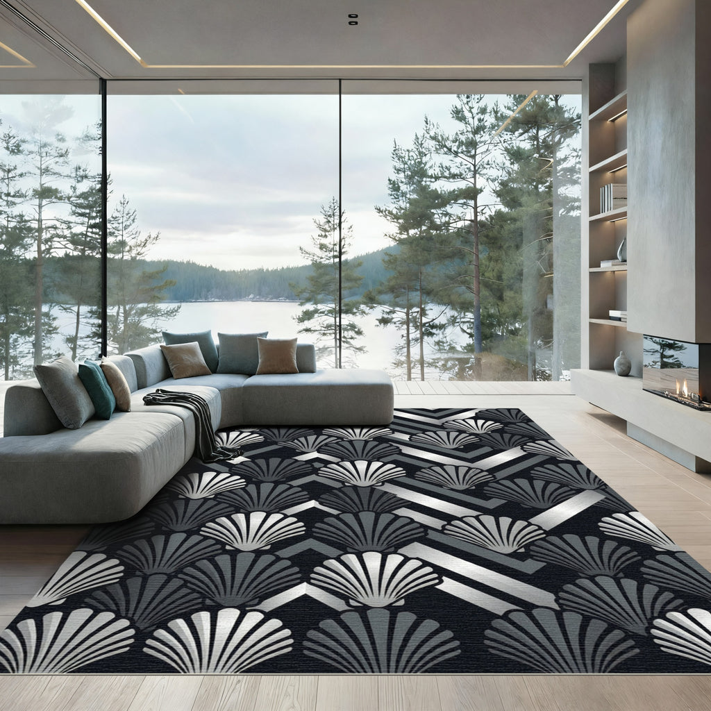 Elegant Metallic Silver Shell Chevron Rug