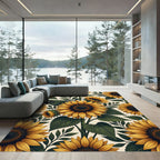 Golden Sunflower Floral Botanical Illustration Rug