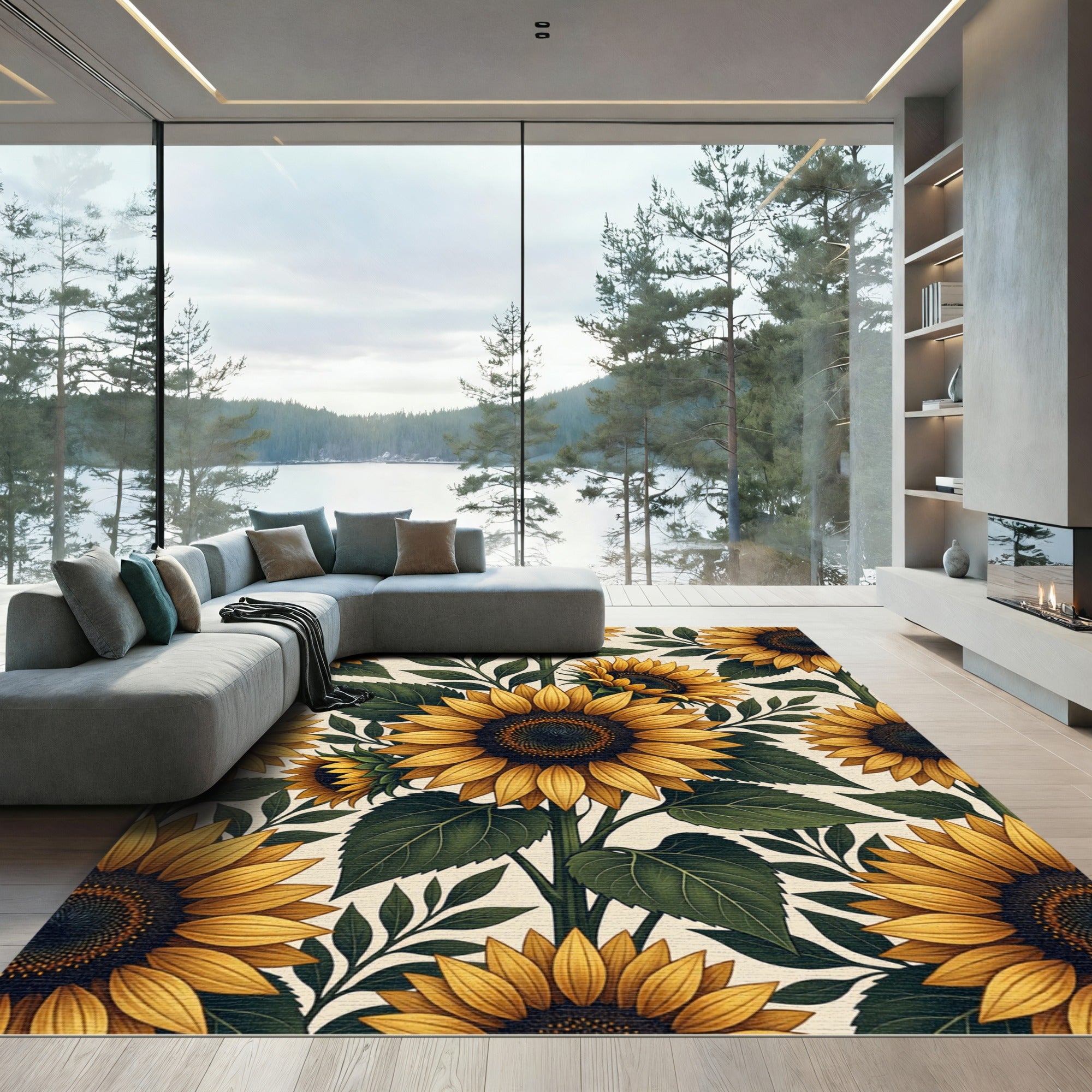 Golden Sunflower Floral Botanical Illustration Rug