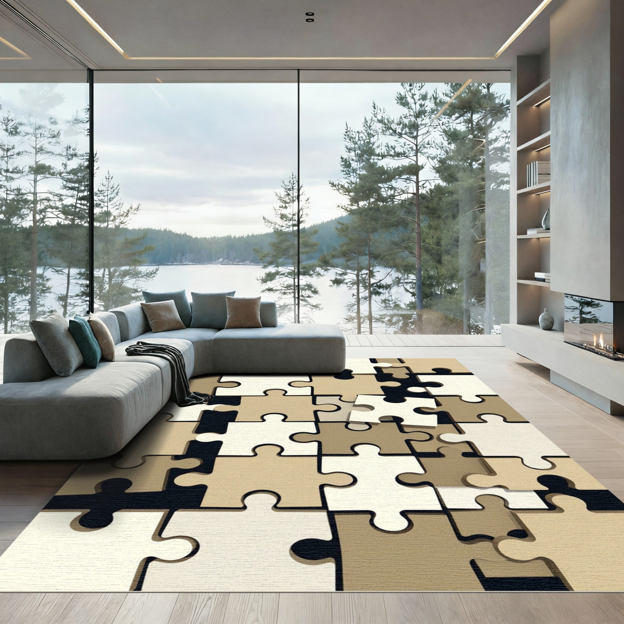 Neutral Jigsaw Interlocking Puzzle Shape Rug