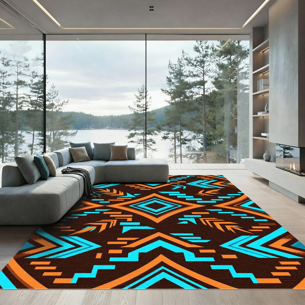 Vibrant Orange Teal Geometric Abstract Rug