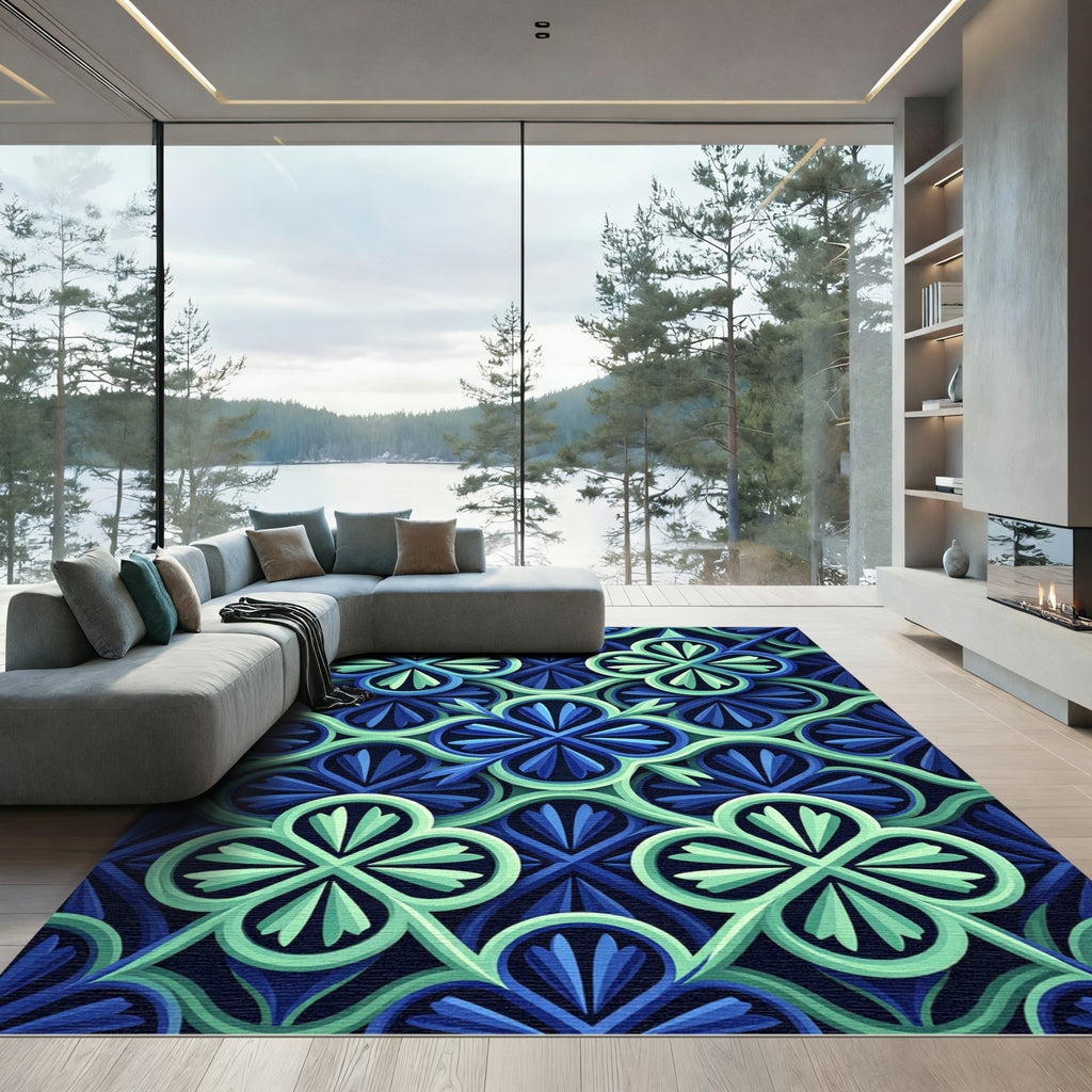 Geometric Azure Clover Botanical Area Rug