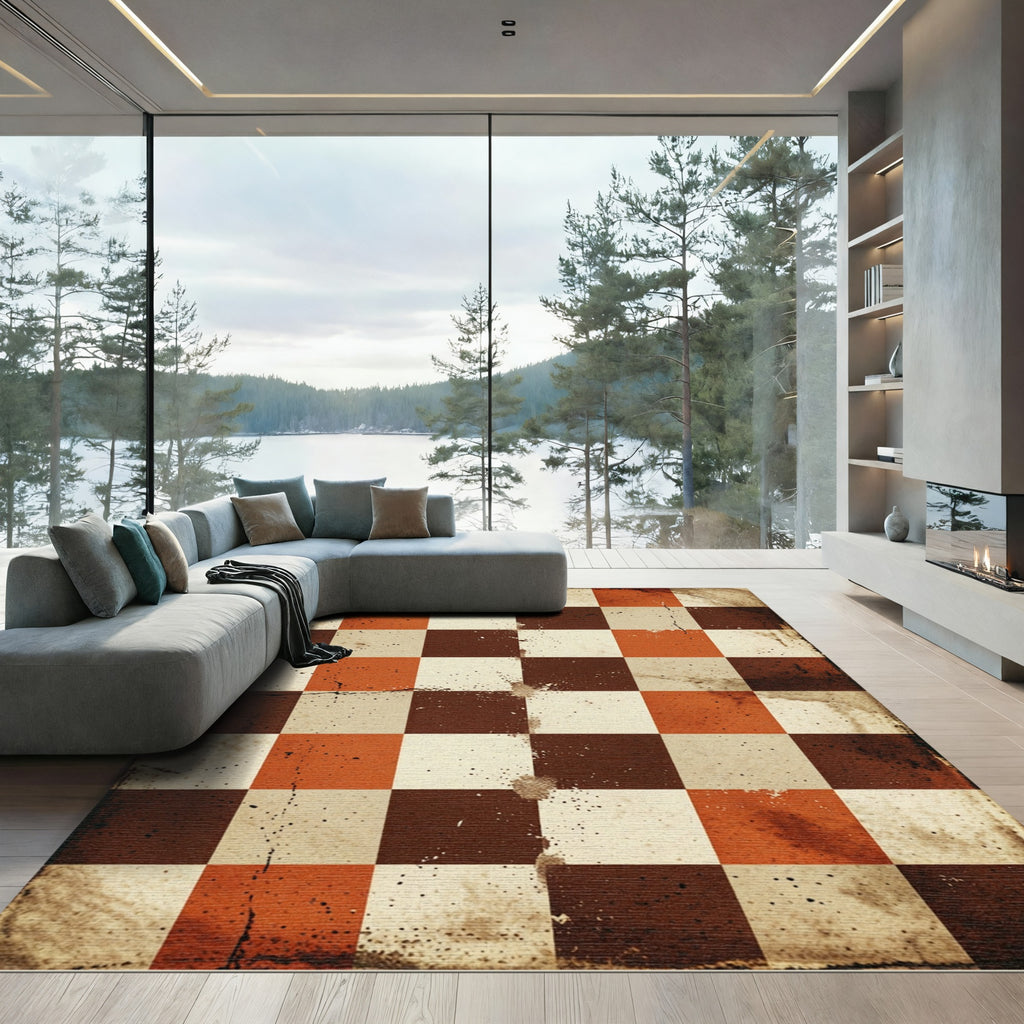 Distressed Rust and Cream Checkerboard Rug