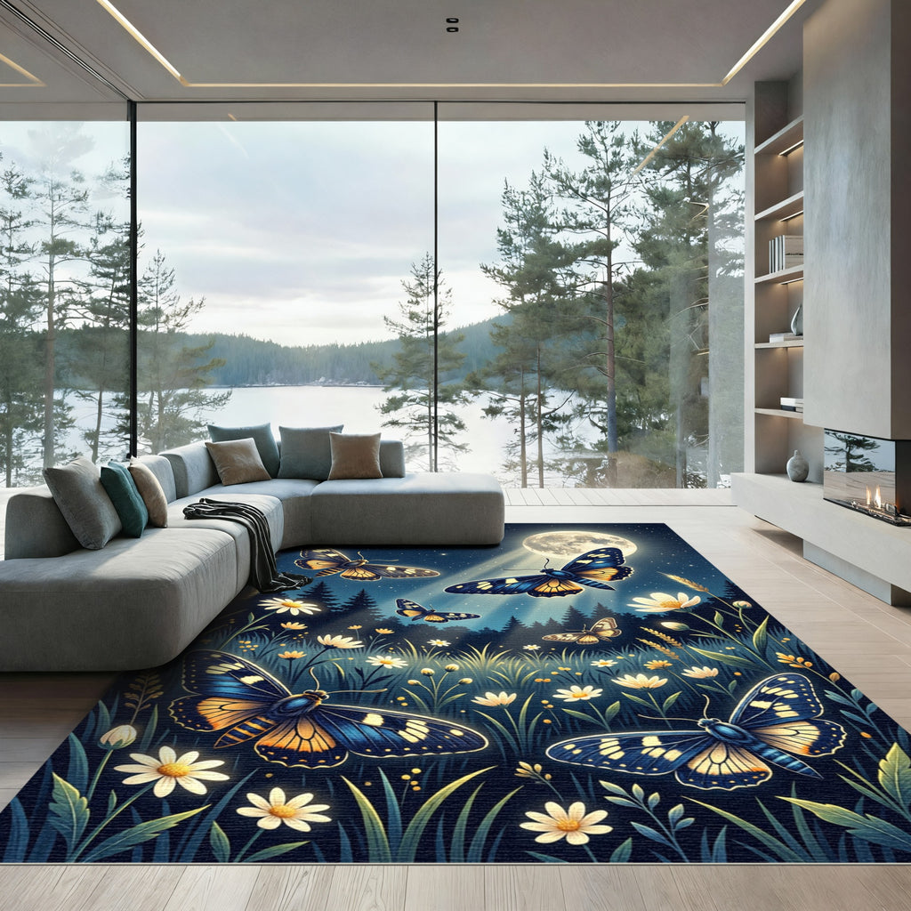Luminous Moonlight Butterfly Wildflower Meadow Rug