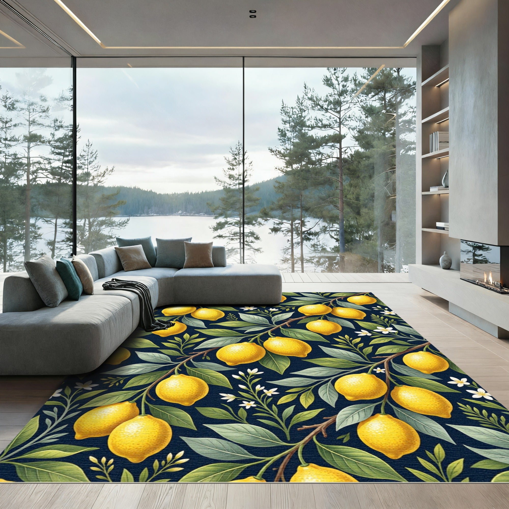 Vibrant Lemon Grove Botanical Navy Rug