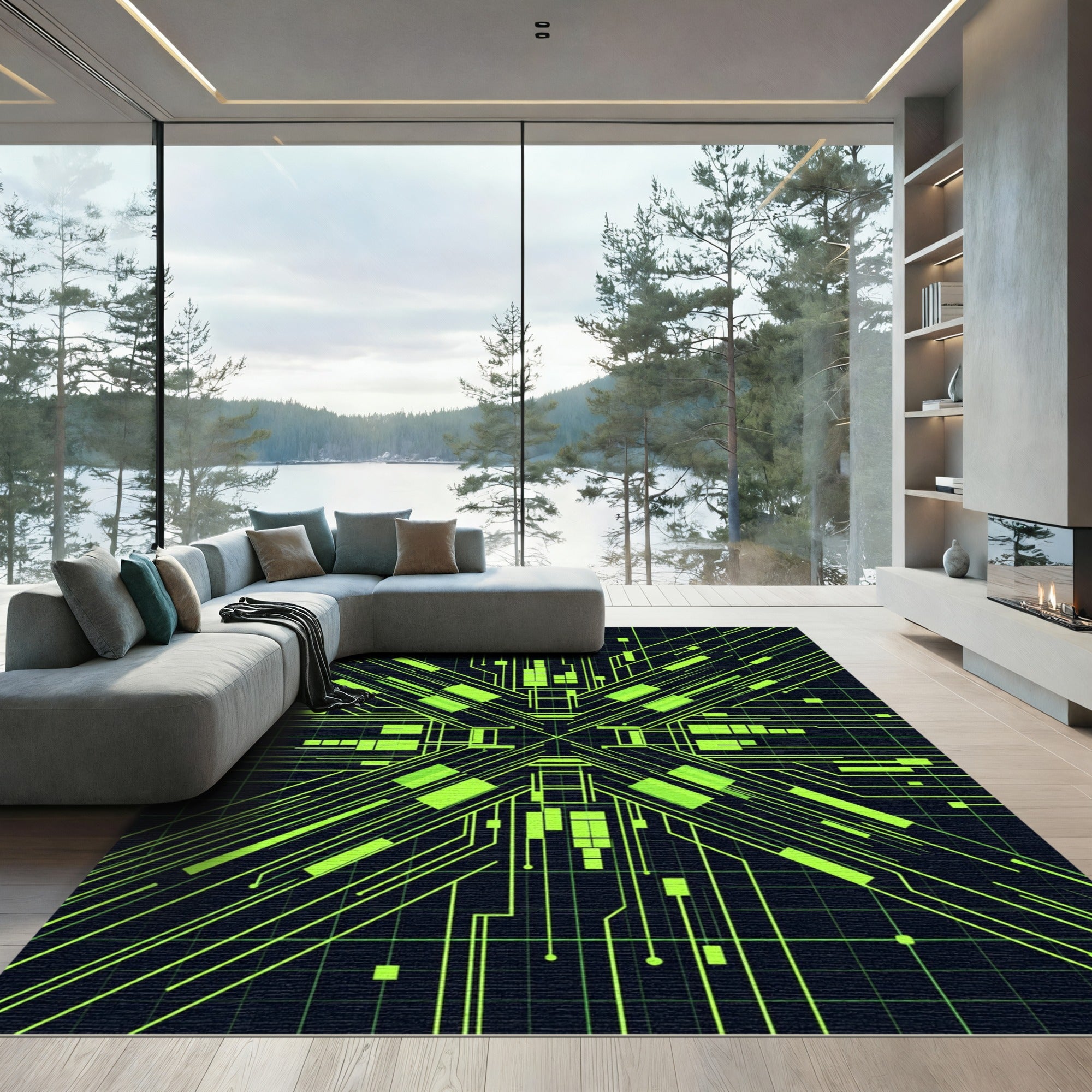 Neon Cyberpunk Circuit Grid Art Rug