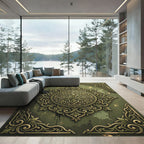 Ornate Sage Green Damask Medallion Rug
