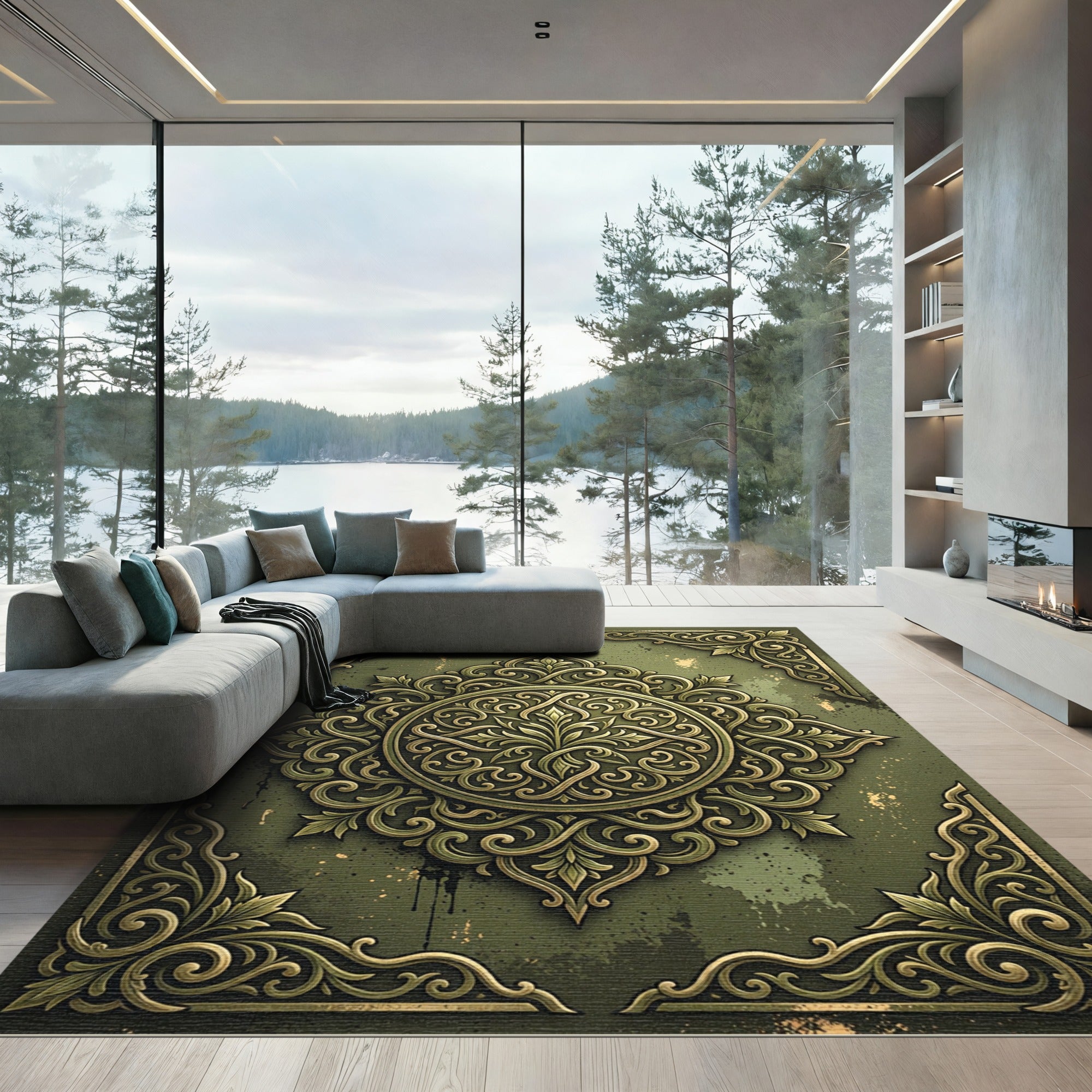 Ornate Sage Green Damask Medallion Rug