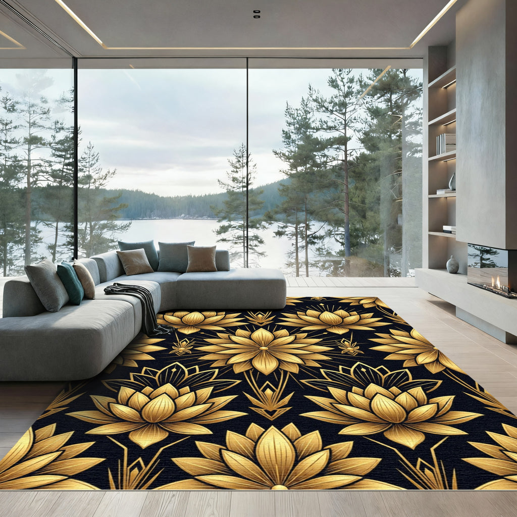 Golden Lotus Art Deco Black Wallpaper Rug