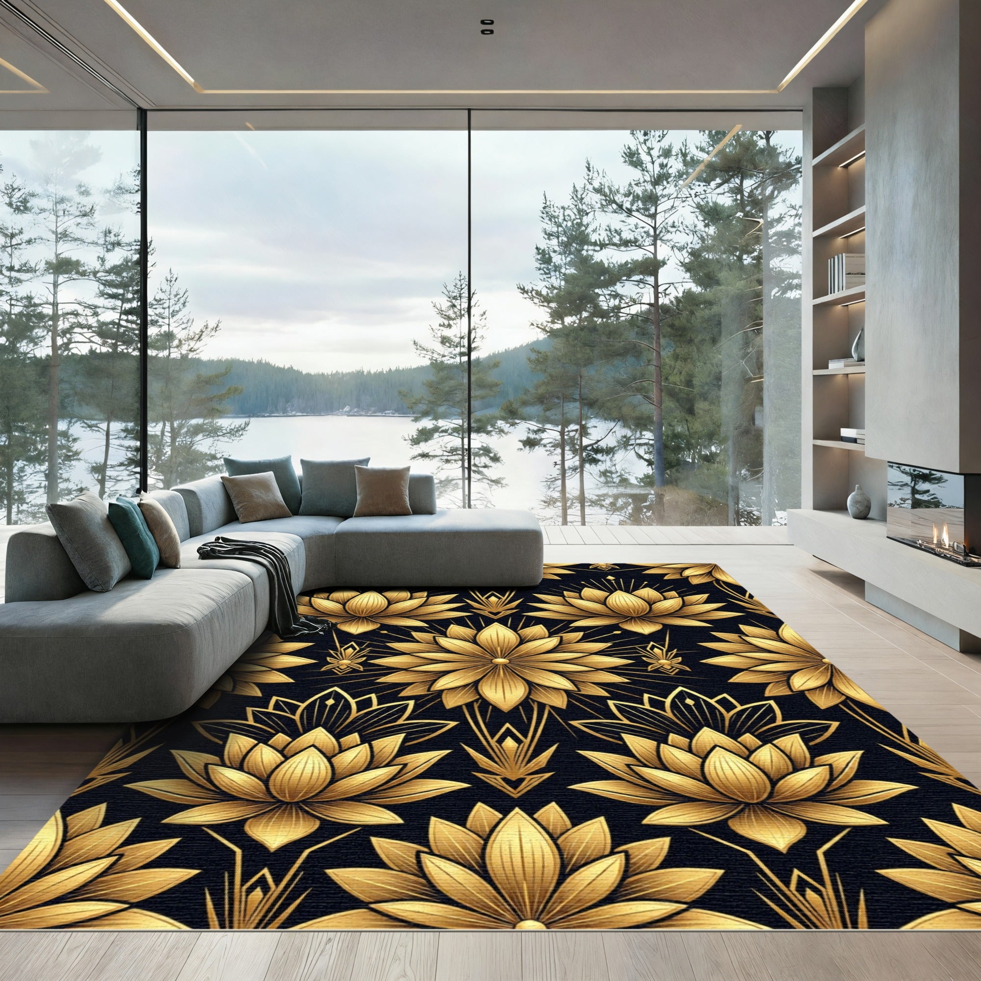 Golden Lotus Art Deco Black Wallpaper Rug