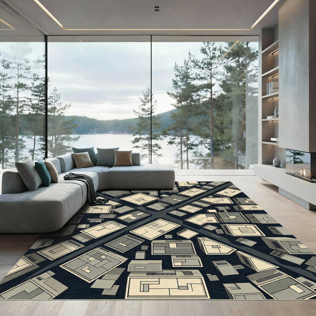 Modern Architectural Aerial Cityscape Grid Rug