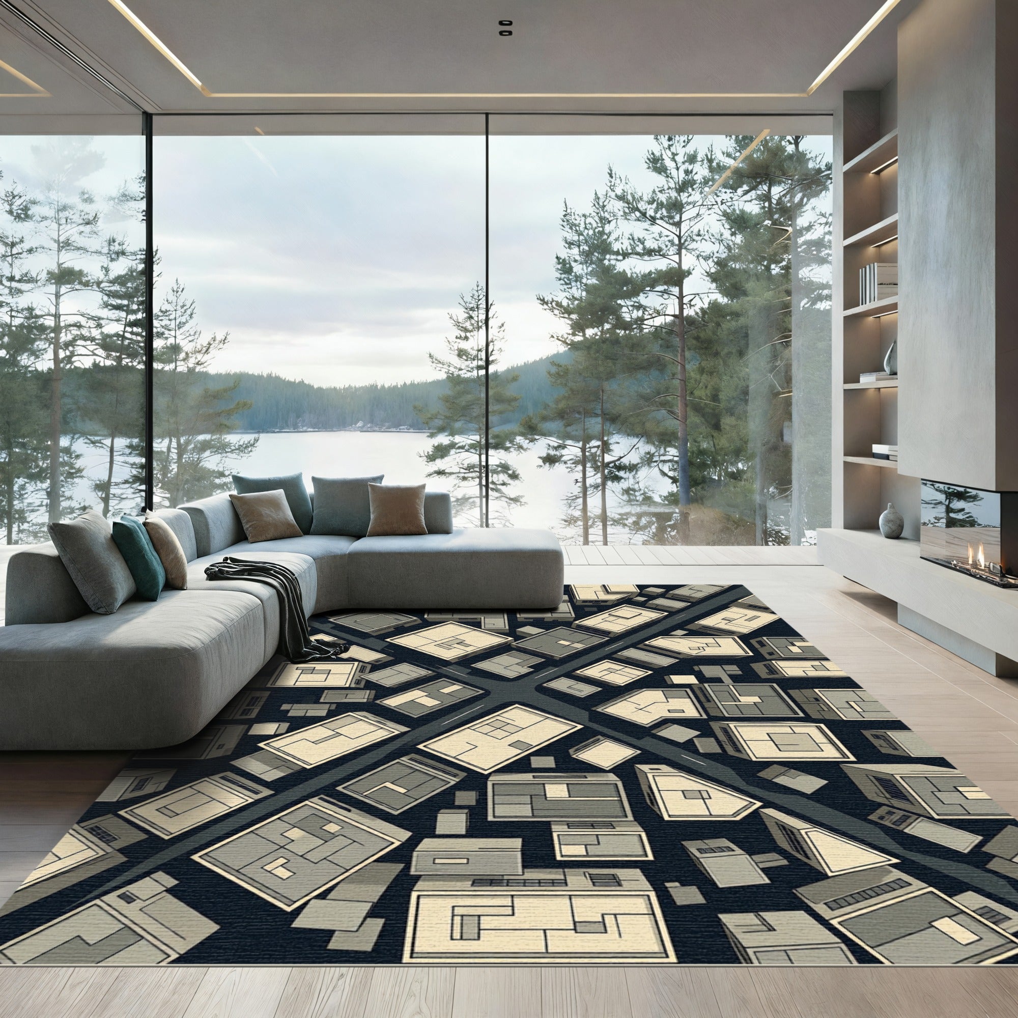 Modern Architectural Aerial Cityscape Grid Rug