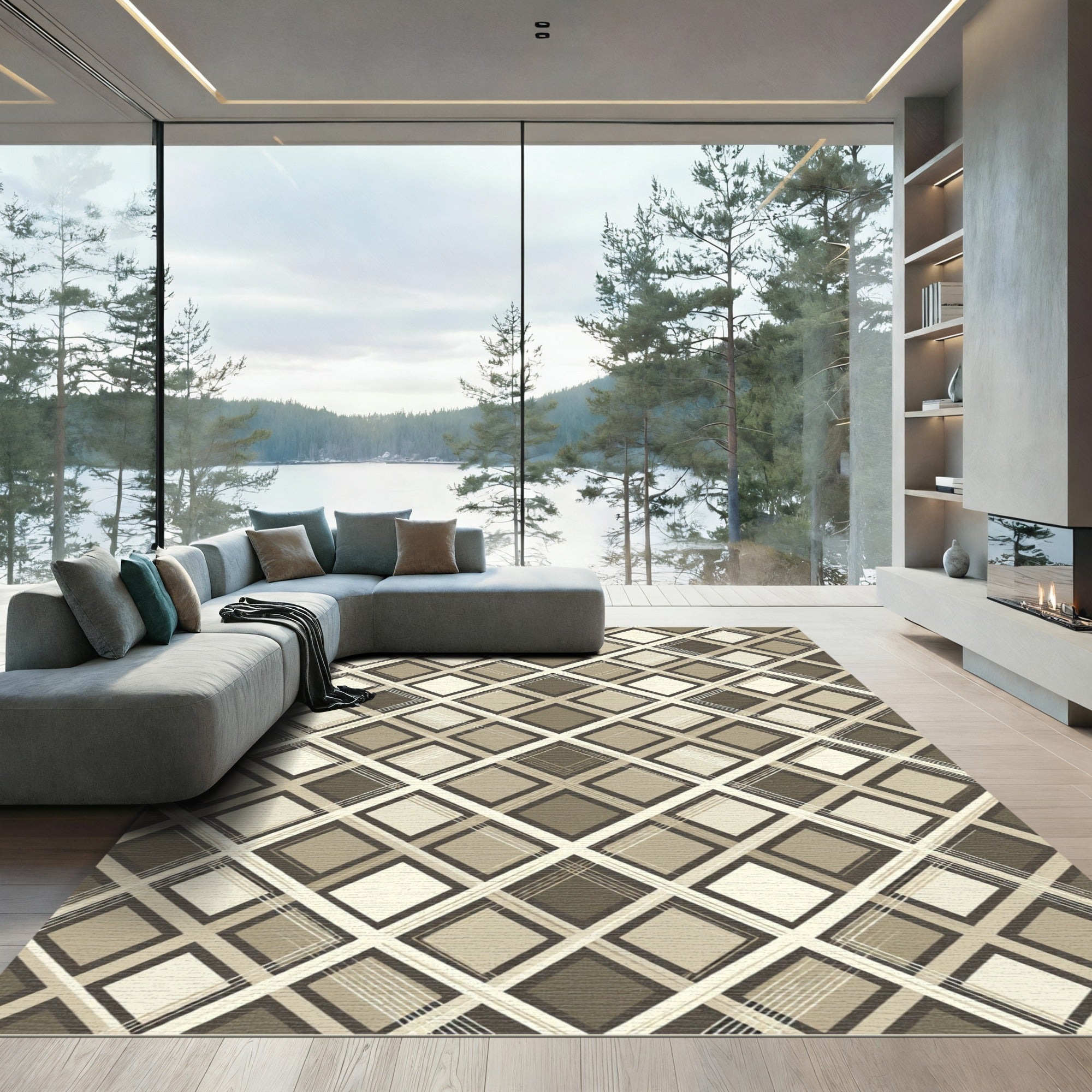 Taupe Geometric Checkerboard Diamond Rug