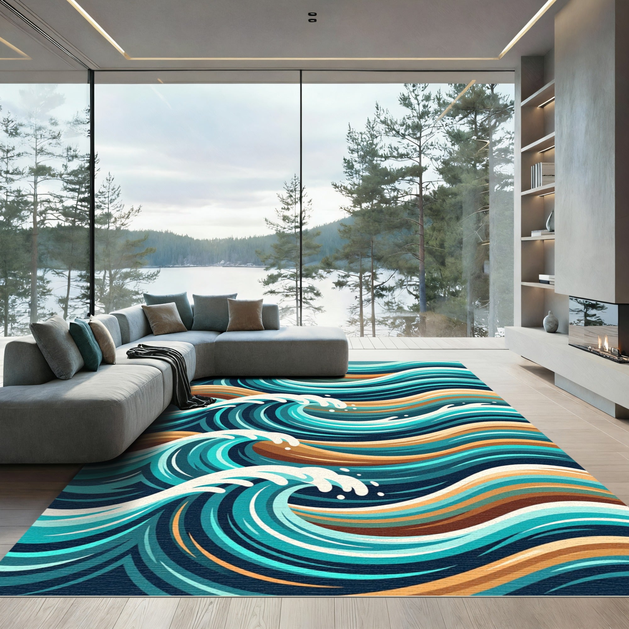Deep Blue Ocean Wave Composition Rug