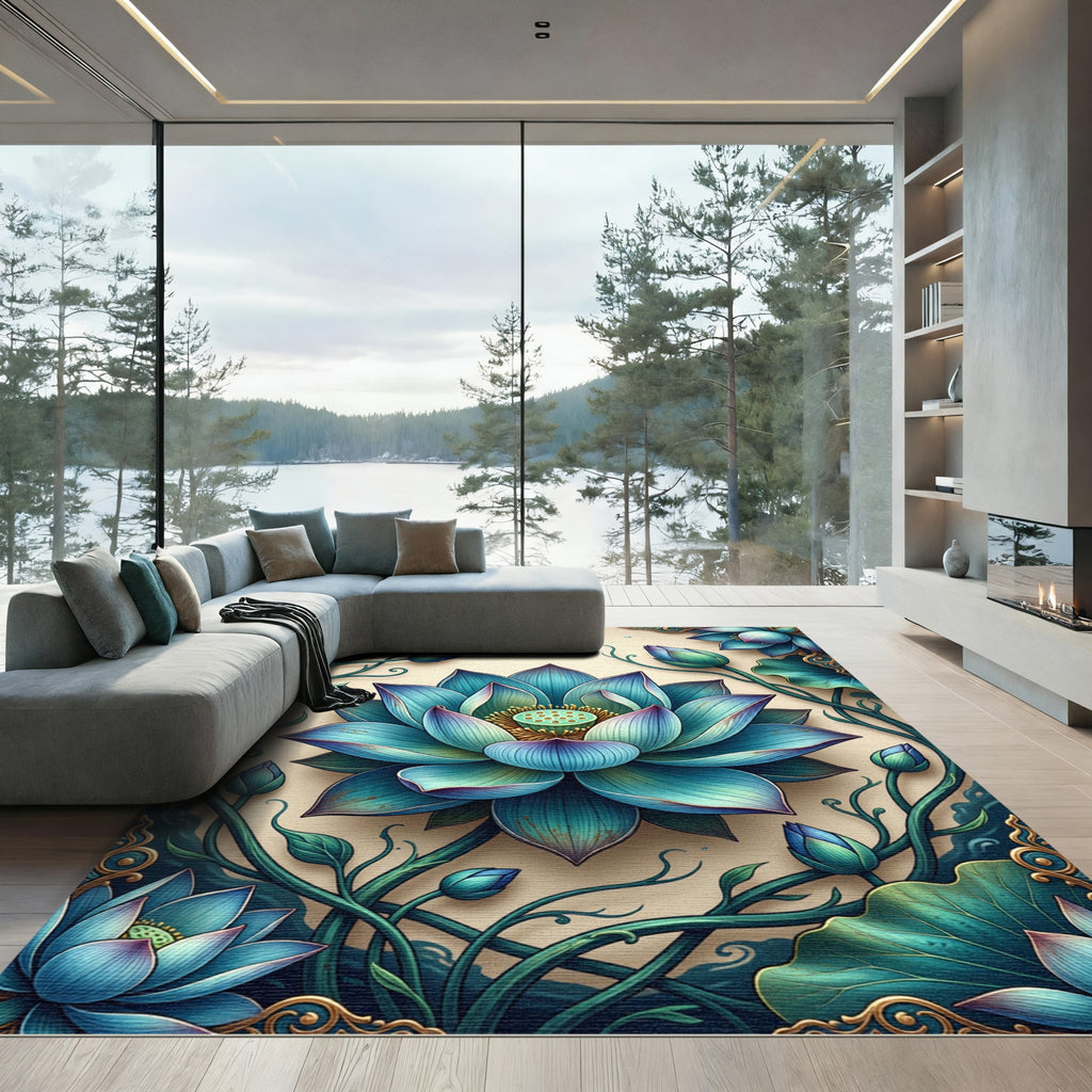 Radiant Teal Lotus Flower Botanical Art Rug