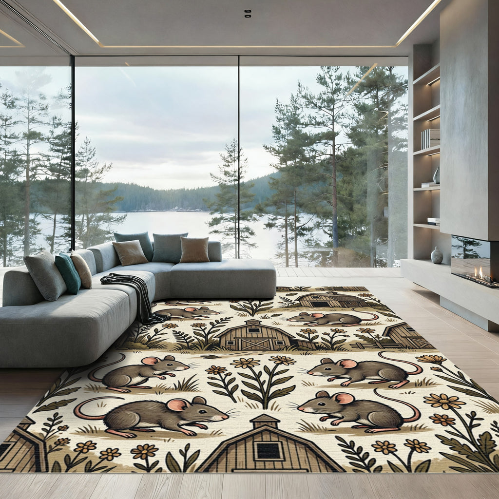 Whimsical Rustic Farmhouse Mouse Meadow Rug