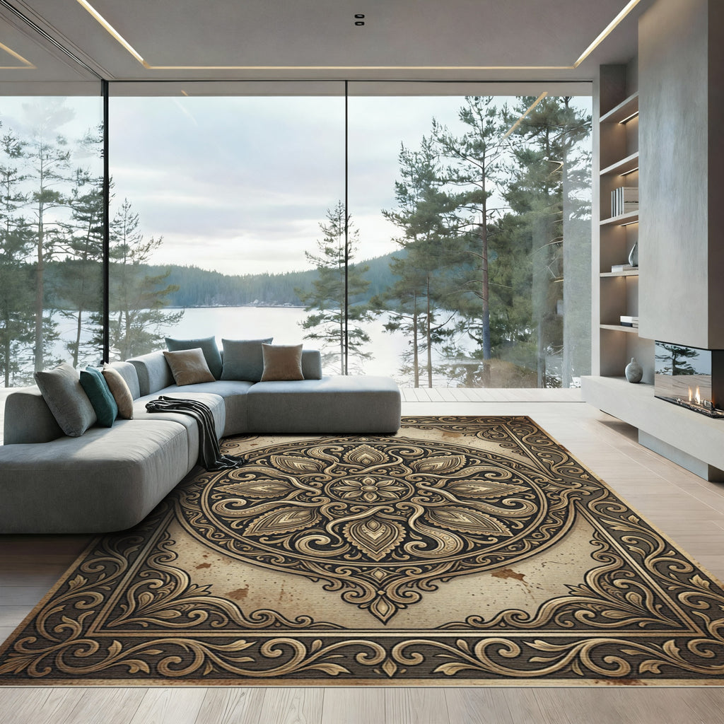 Ornate Golden Circular Floral Medallion Rug