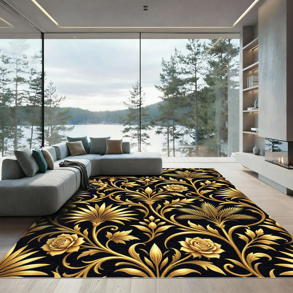 Golden Floral Scrollwork Black Rug