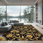Golden Floral Scrollwork Black Rug
