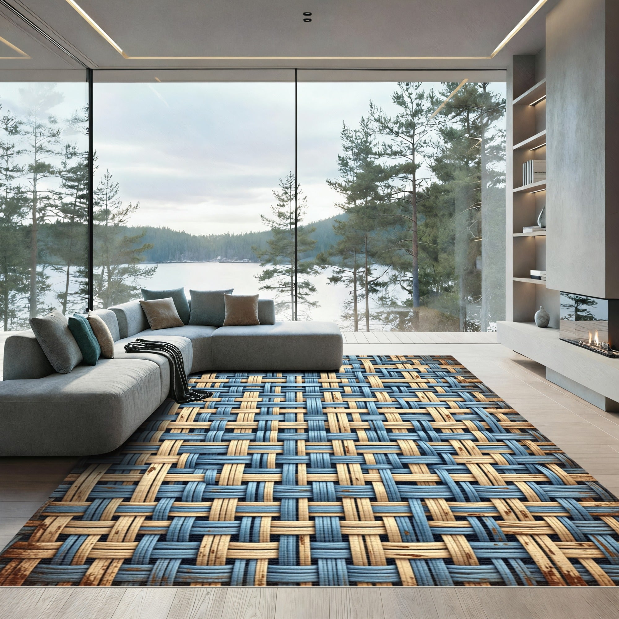 Woven Blue Tan Diamond Texture Rug