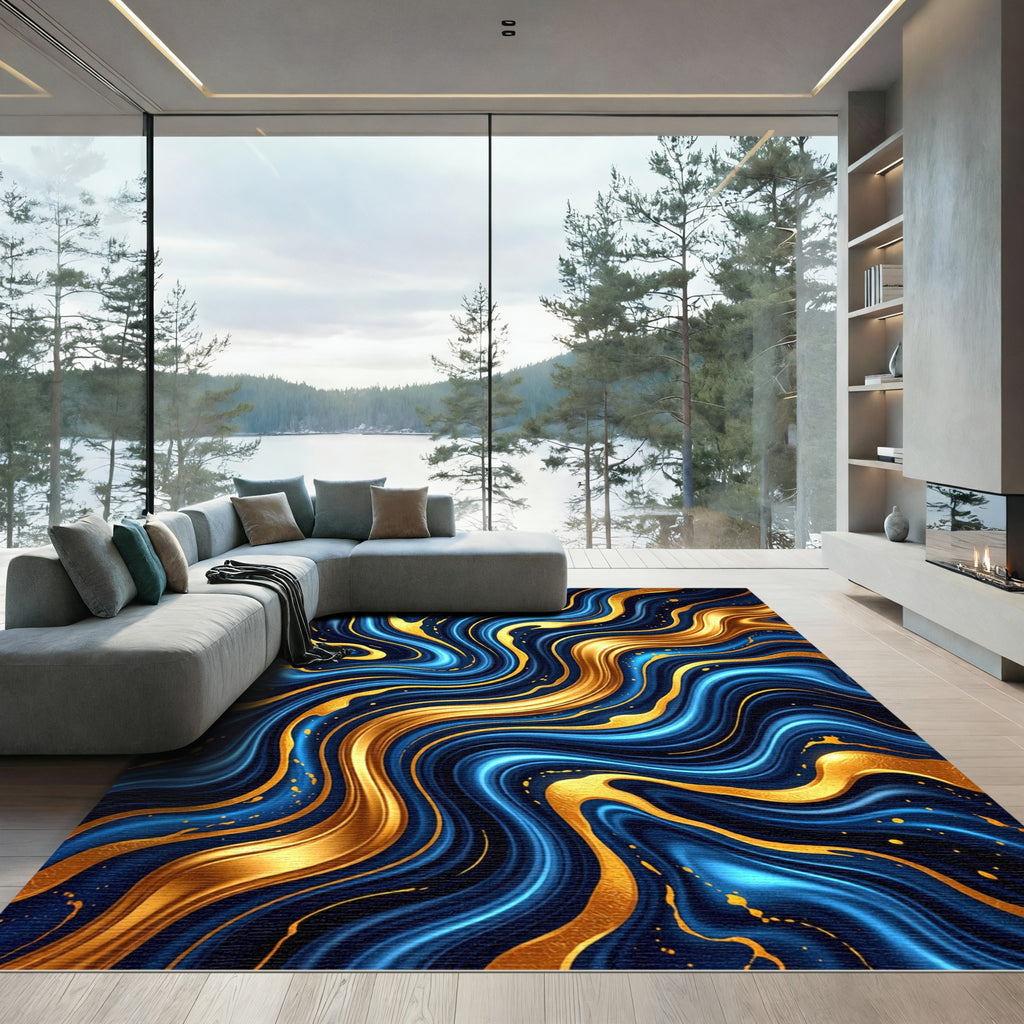 Fluid Gold and Royal Blue Swirls Rug