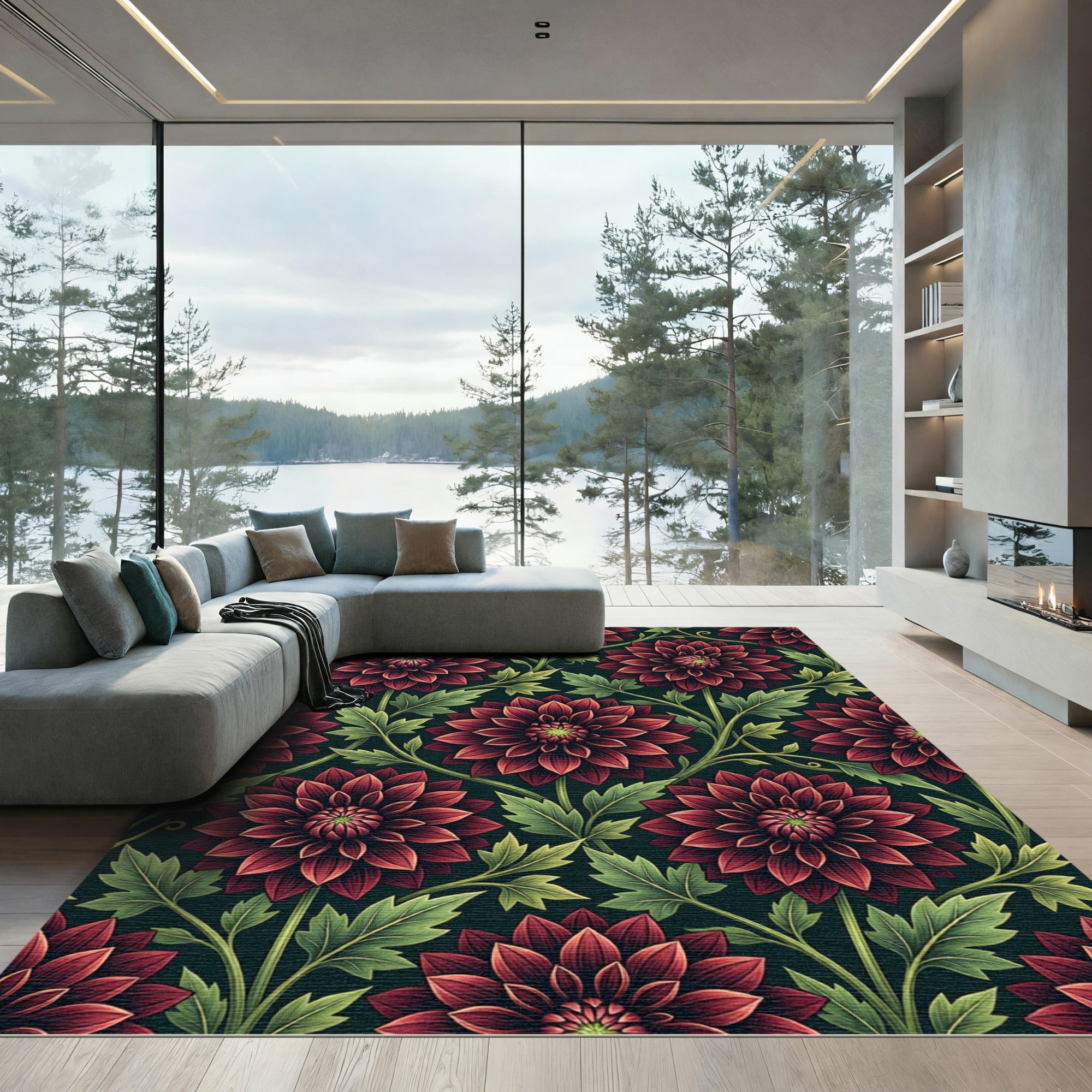 Deep Red Dahlia Vine Botanical Rug