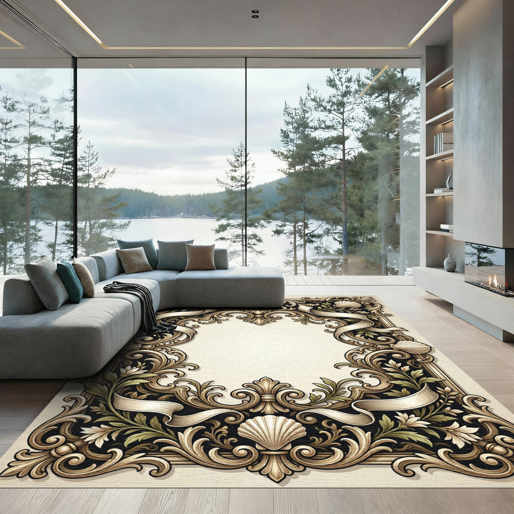 Antique Gold Seashell Scrollwork Frame Rug