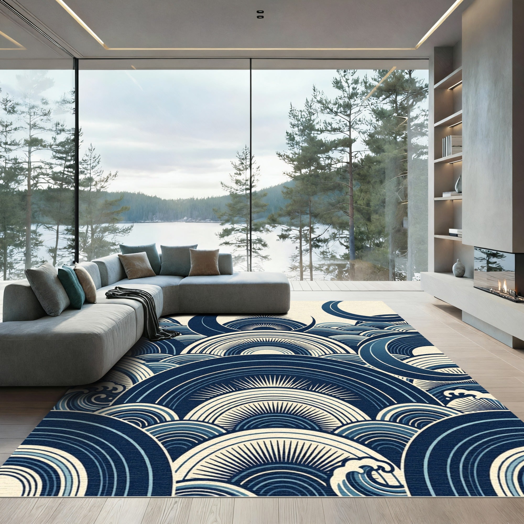 Midnight Blue Abstract Crescent Wave Rug
