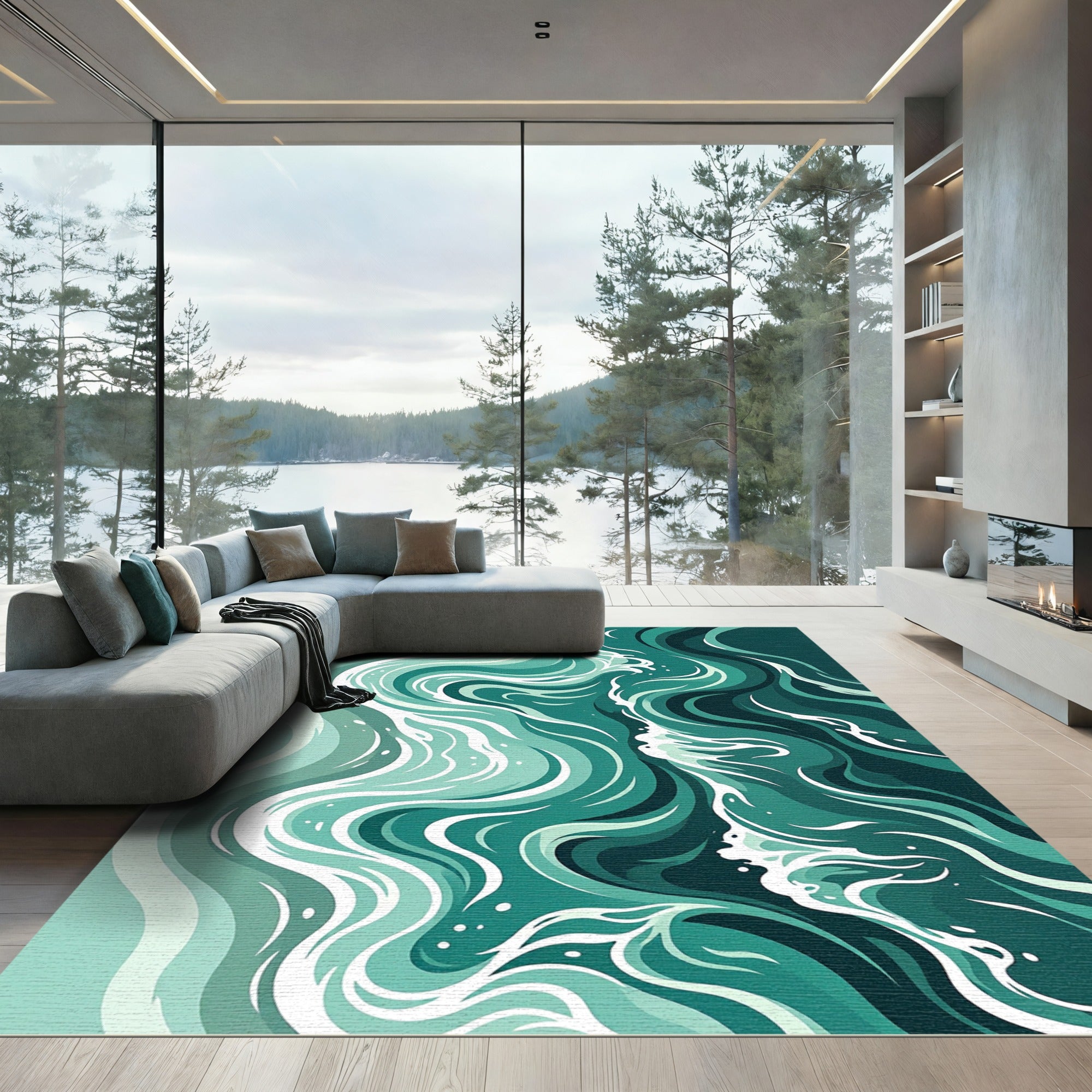 Abstract Teal Serene Ocean Wave Rug