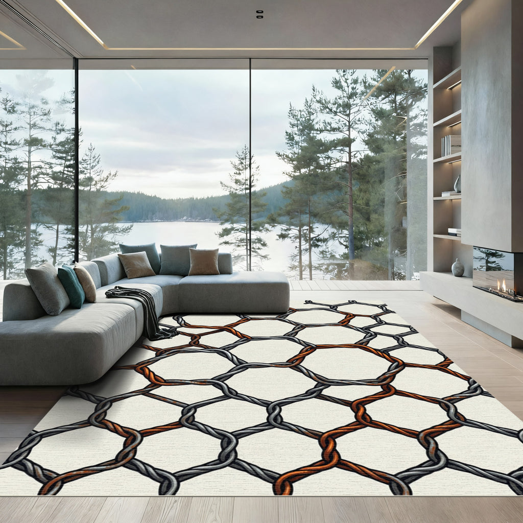 Rustic Copper Wire Hexagon Grid Rug