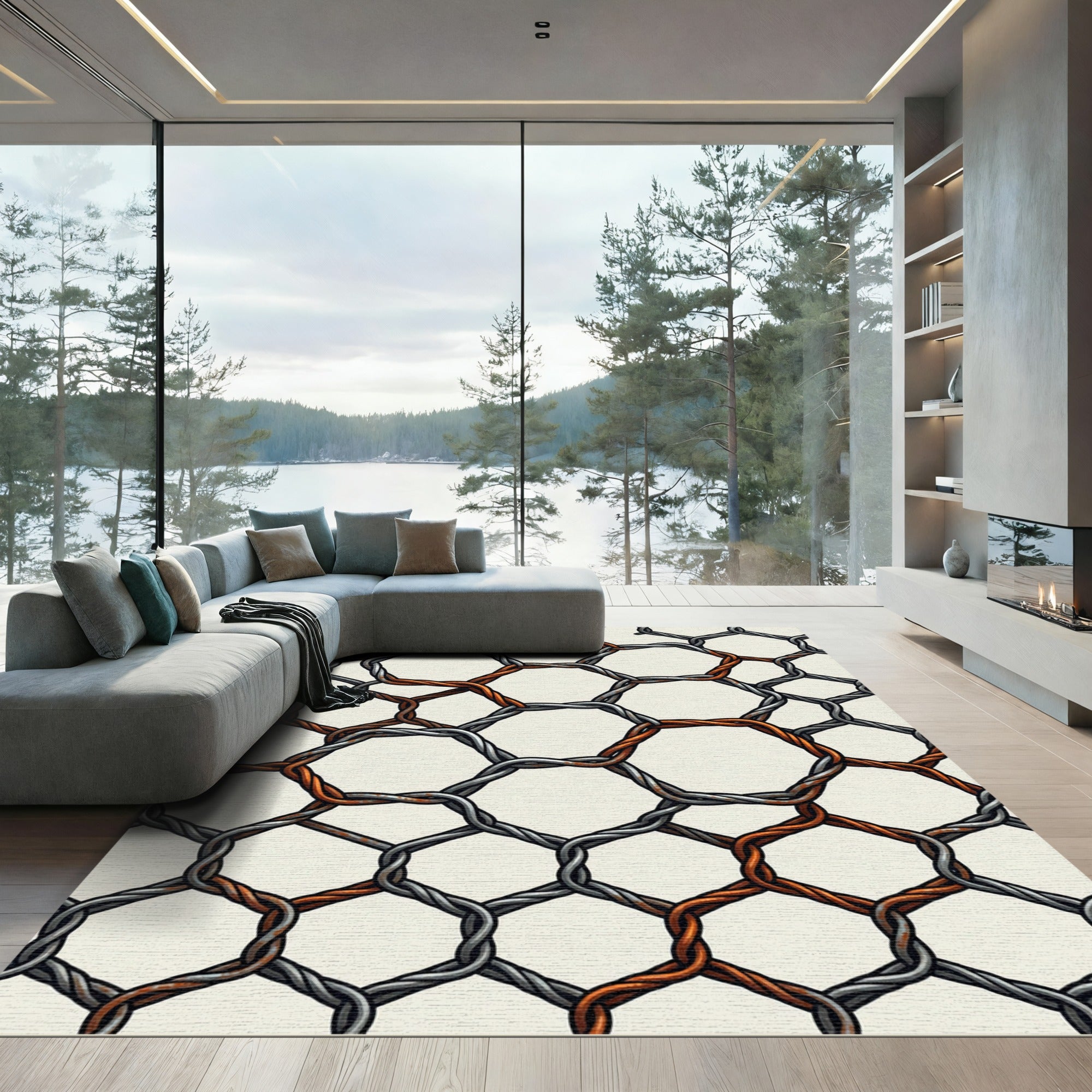 Rustic Copper Wire Hexagon Grid Rug