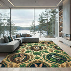 Whimsical Emerald Clover Owl Rabbit Tapestry Rug