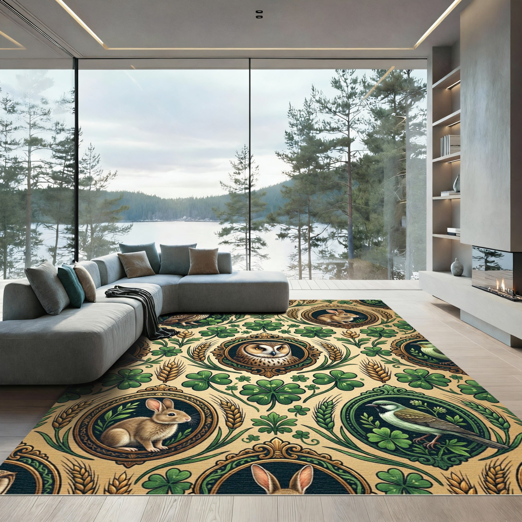 Whimsical Emerald Clover Owl Rabbit Tapestry Rug