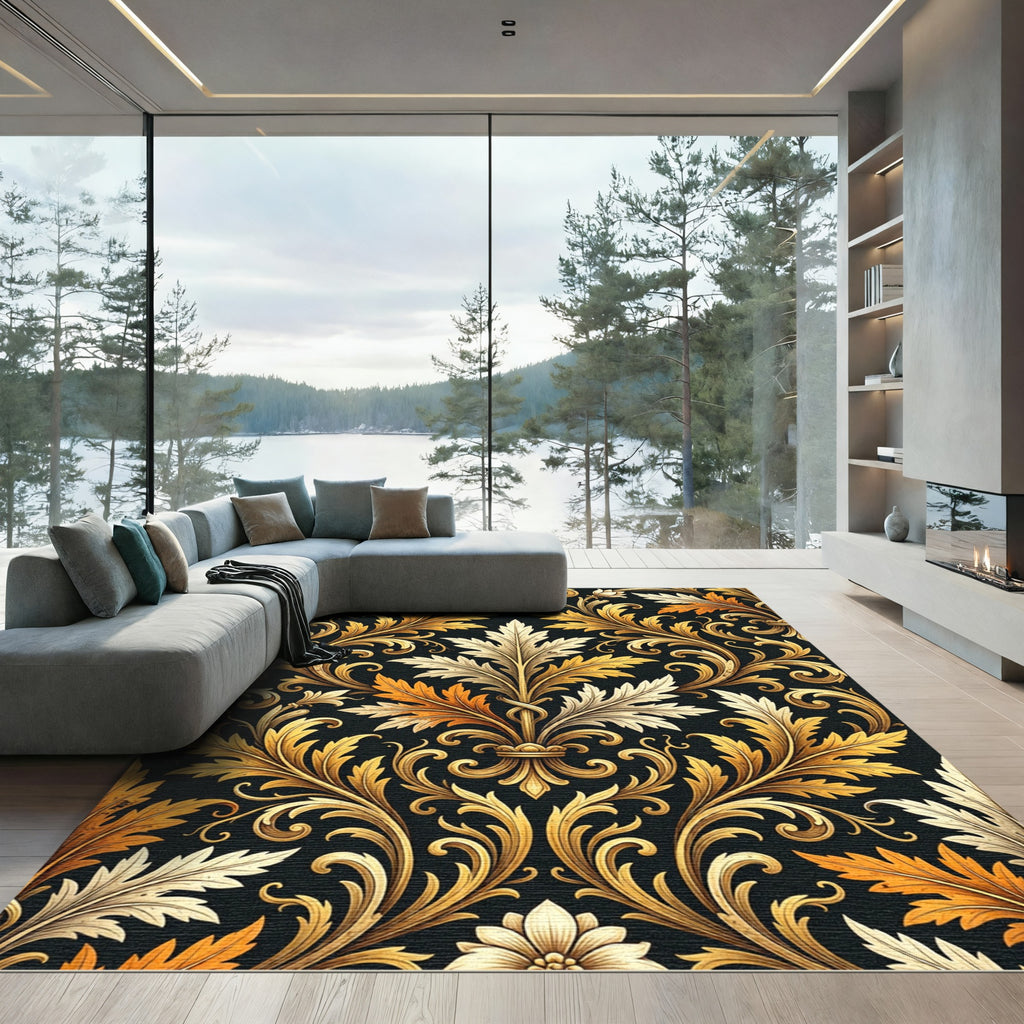 Elegant Gold Acanthus Leaf Damask Rug
