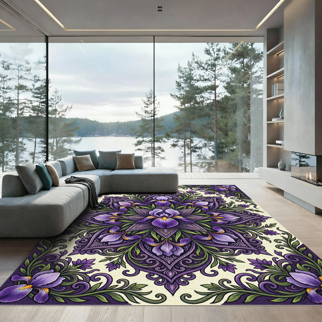 Ornate Purple Iris Floral Mandala Rug