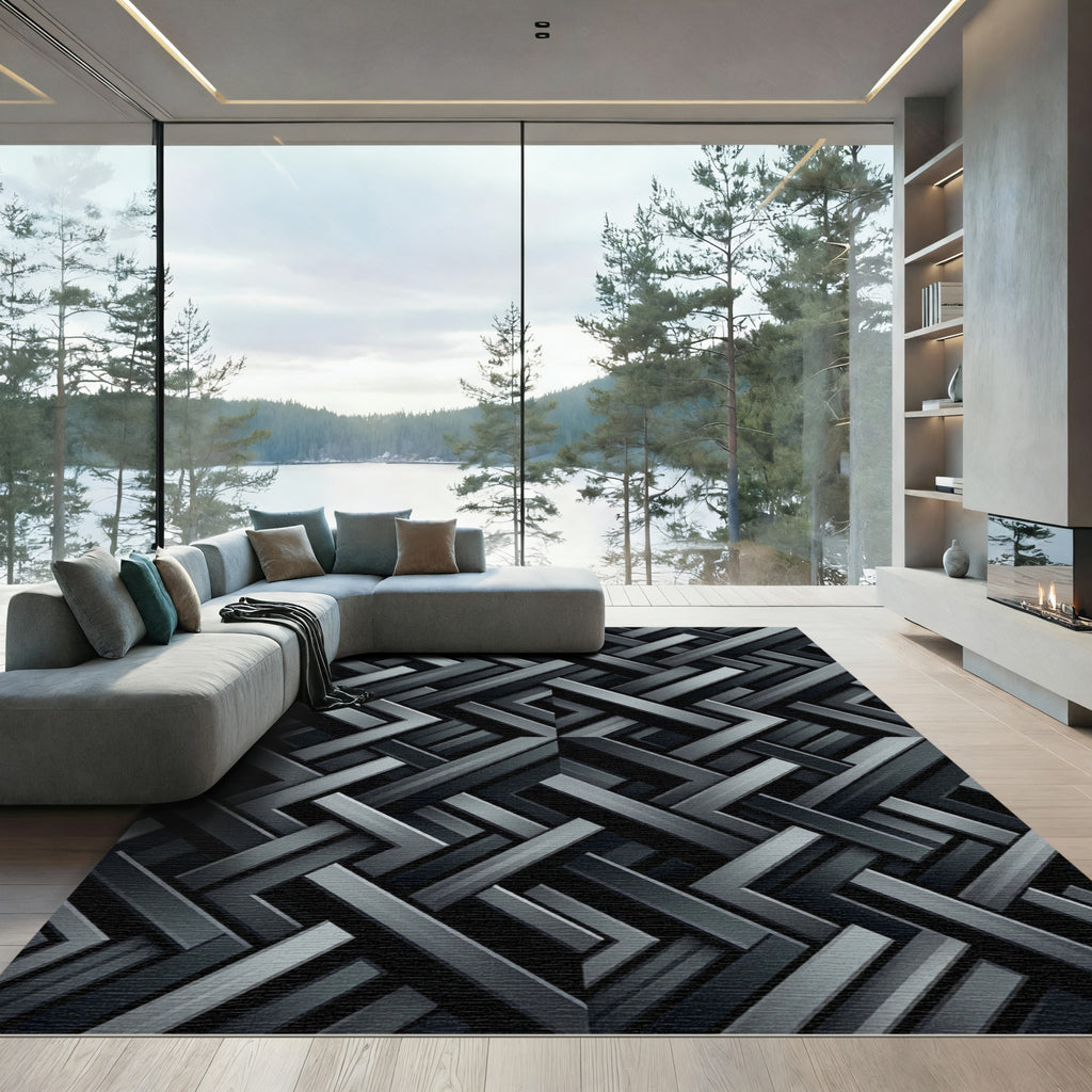 Modern Charcoal Interlocking Geometric Rug