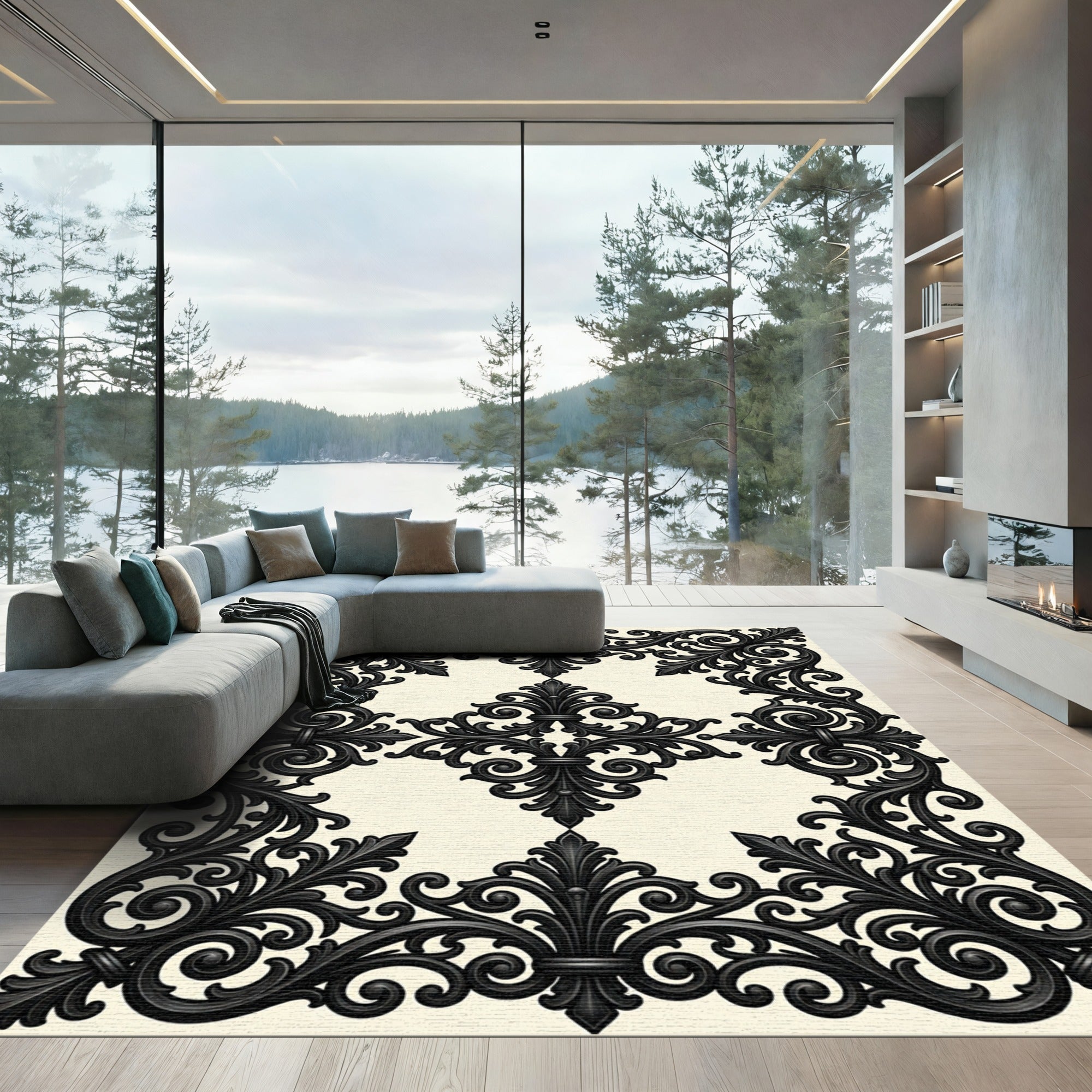 Elegant Black Scrollwork Damask Medallion Rug