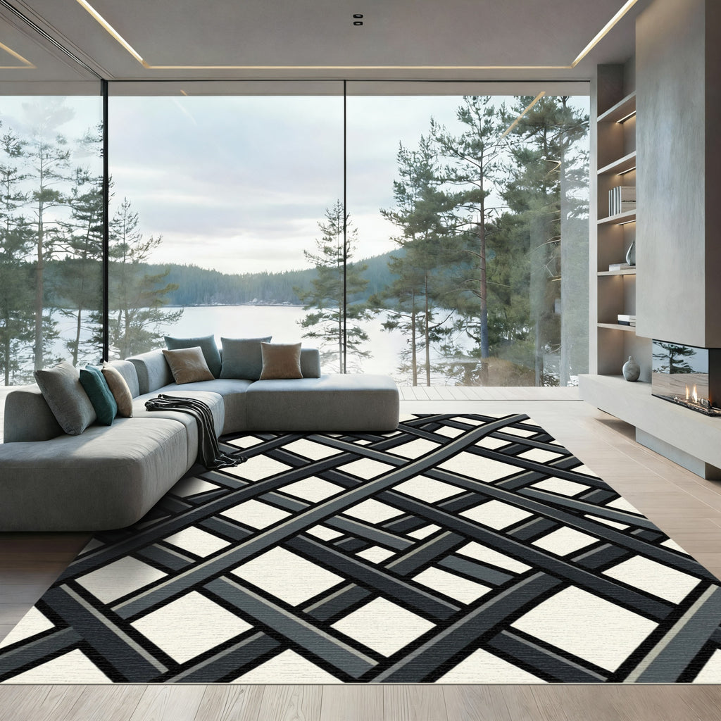 Modern Charcoal Grid Intersecting Lines Rug