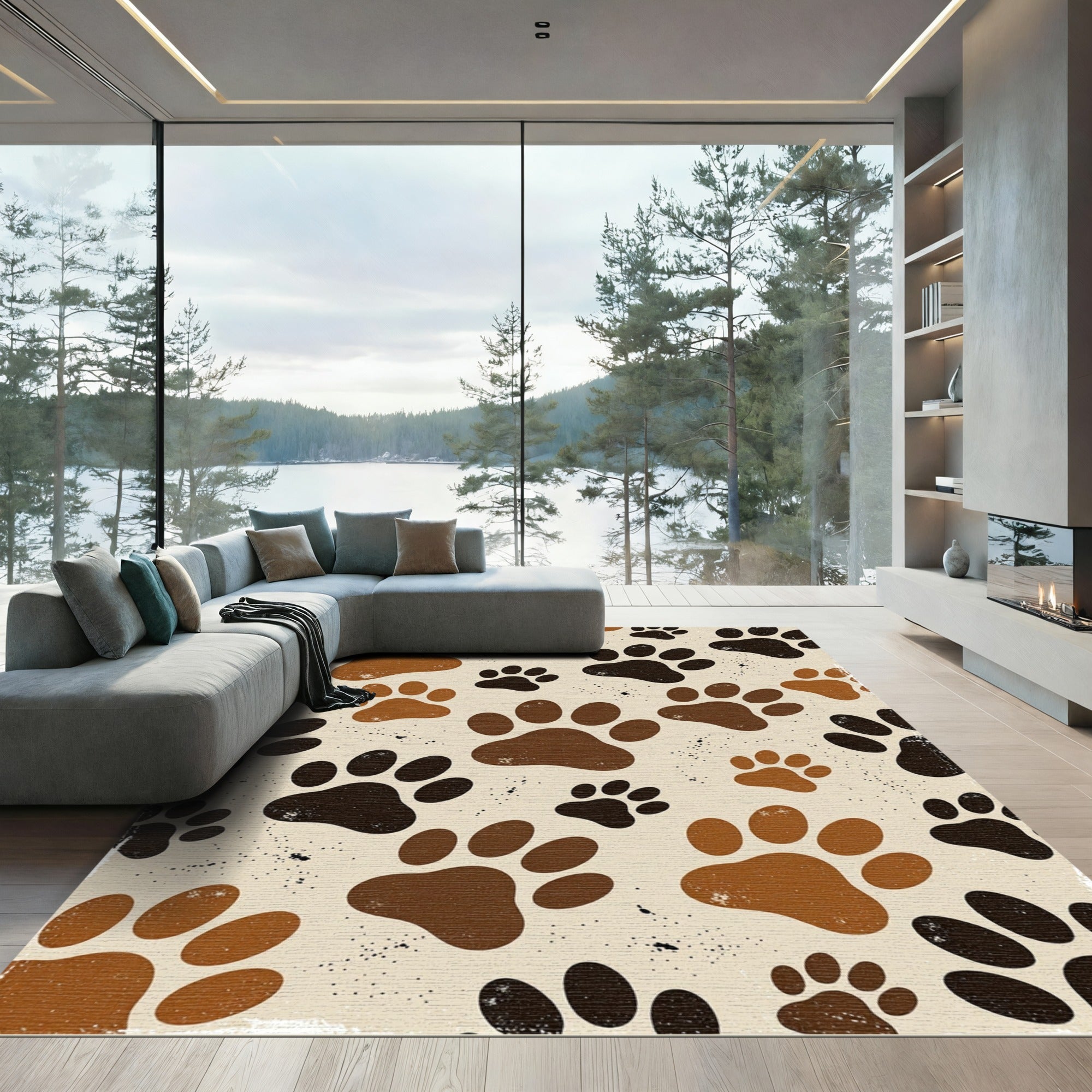 Neutral Earthy Tone Paw Animal Art Rug