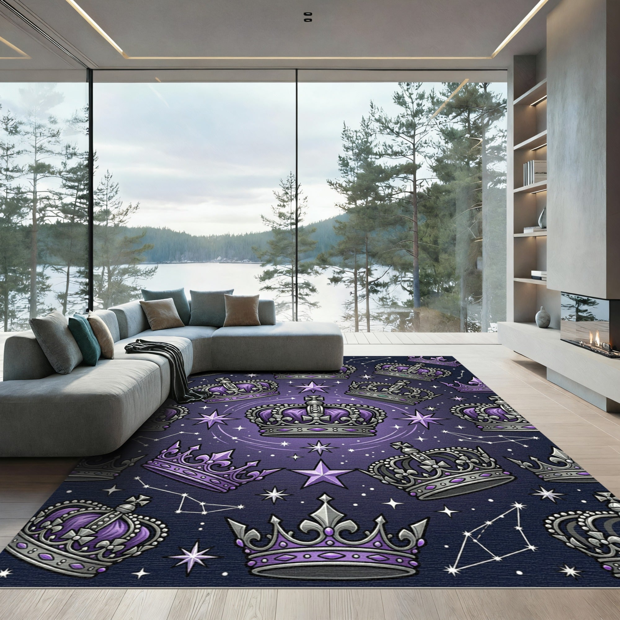 Celestial Purple Crown and Star Galaxy Rug