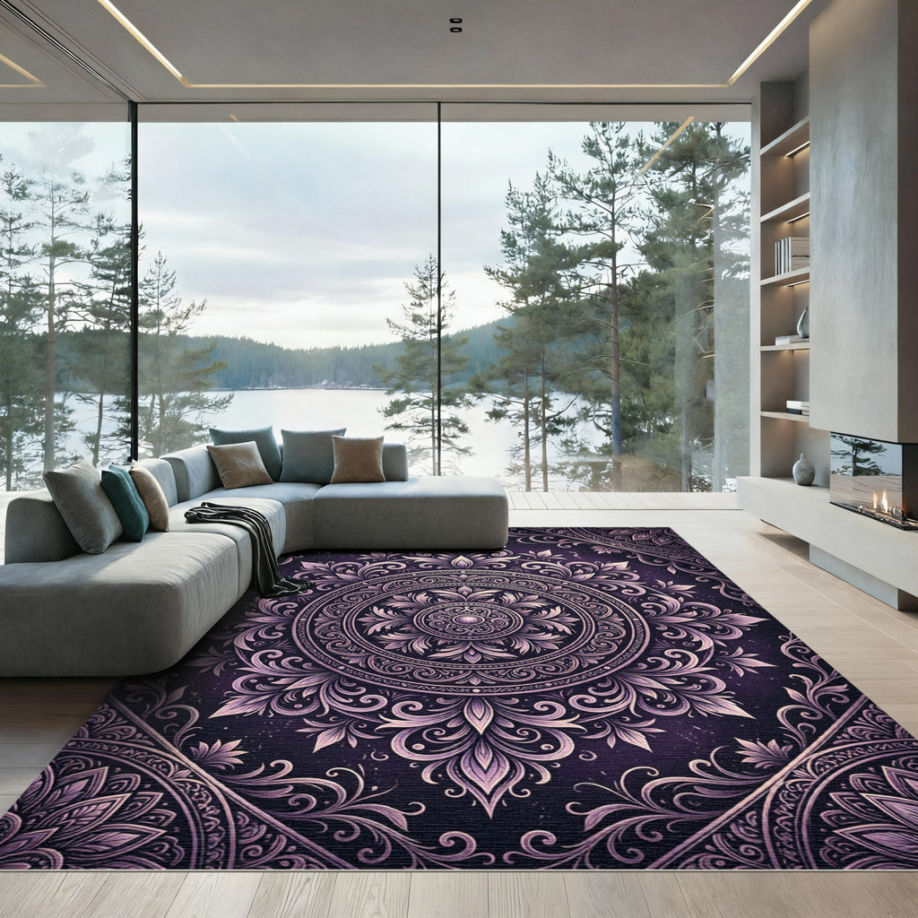 Ornate Purple Floral Damask Medallion Rug