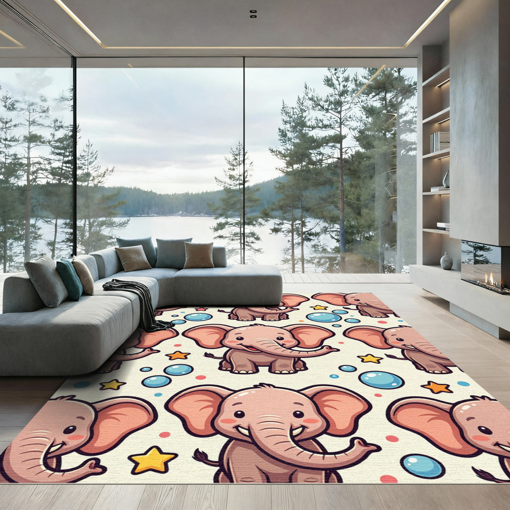 Cute Pink Elephant Bubbles Stars Rug