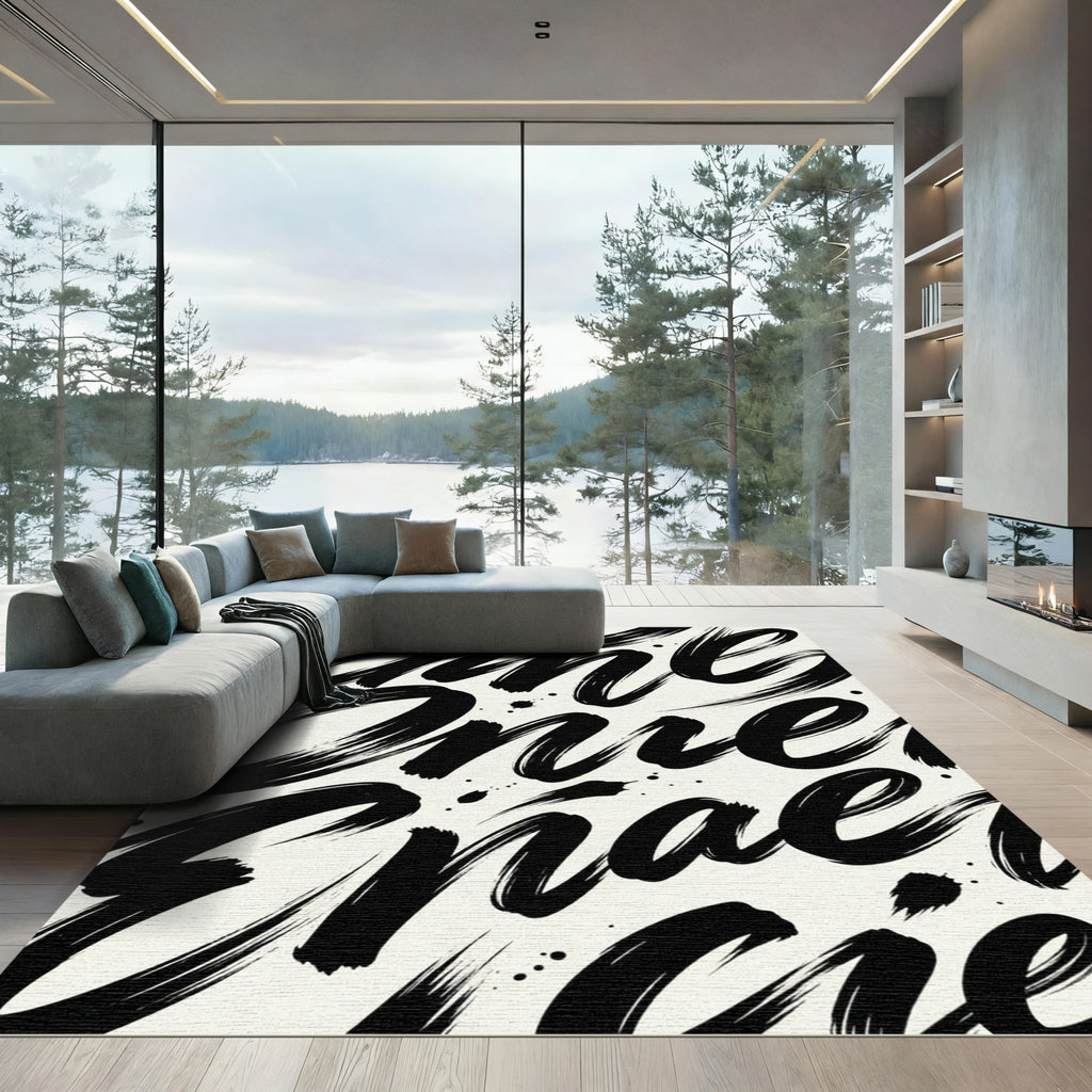 Bold Black Brushstroke Script Rug