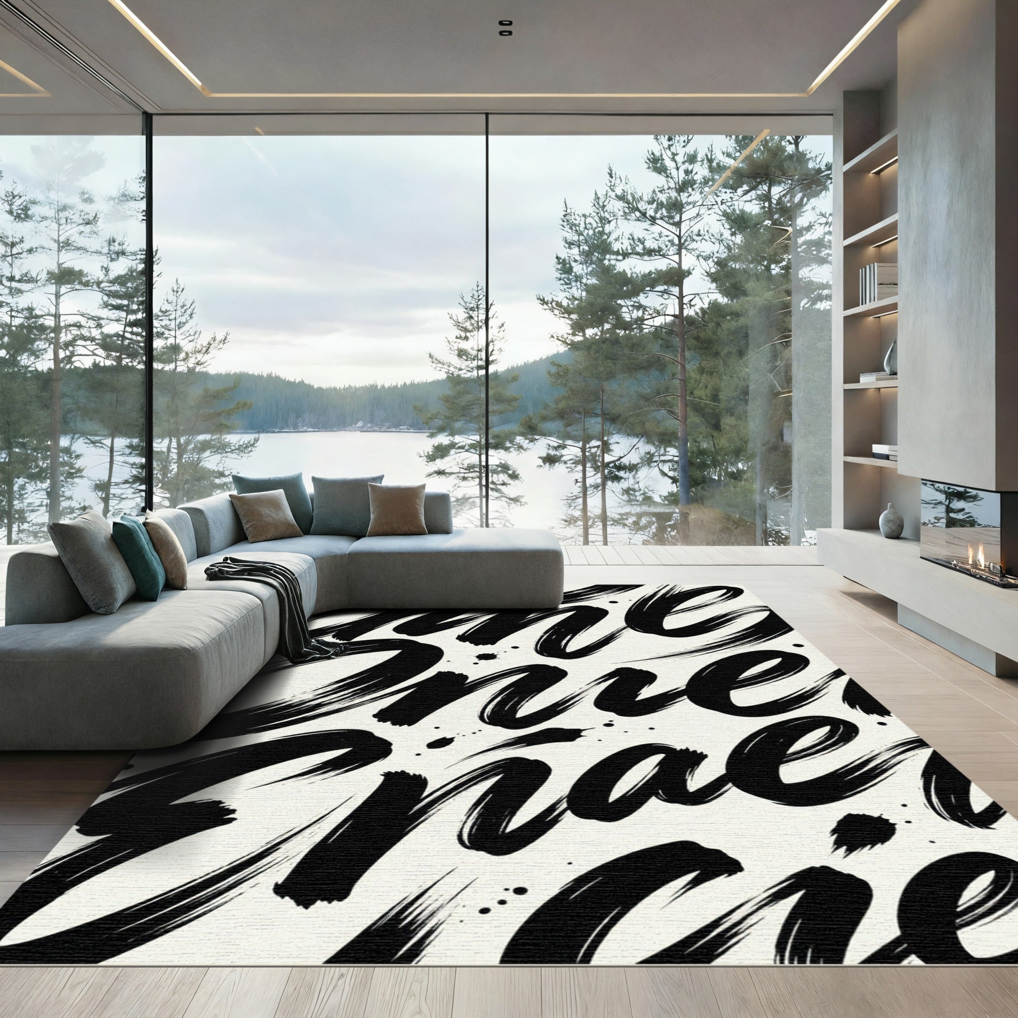 Bold Black Brushstroke Script Rug
