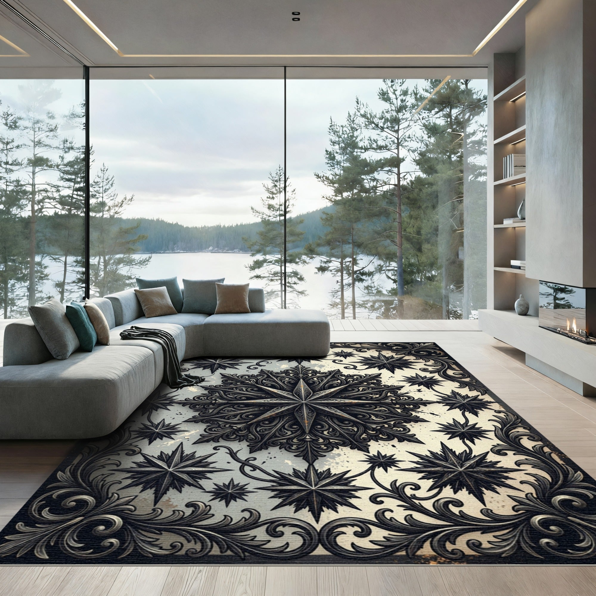 Gothic Black Star Celestial Medallion Rug