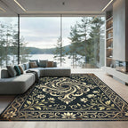 Elegant Navy Floral Swirl Medallion Rug
