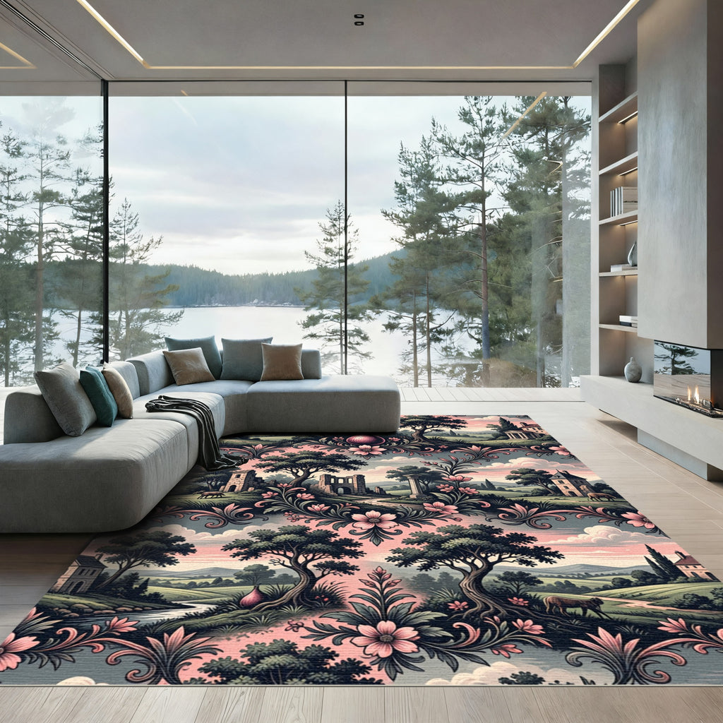 Pastoral Pink Floral Landscape Scenic Medallion Rug